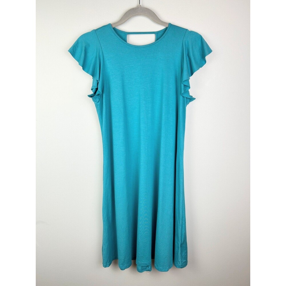 Three Dots Flutter Sleeve Jersey Easy Flounce T Shirt Dress Teal Blue Strappy S